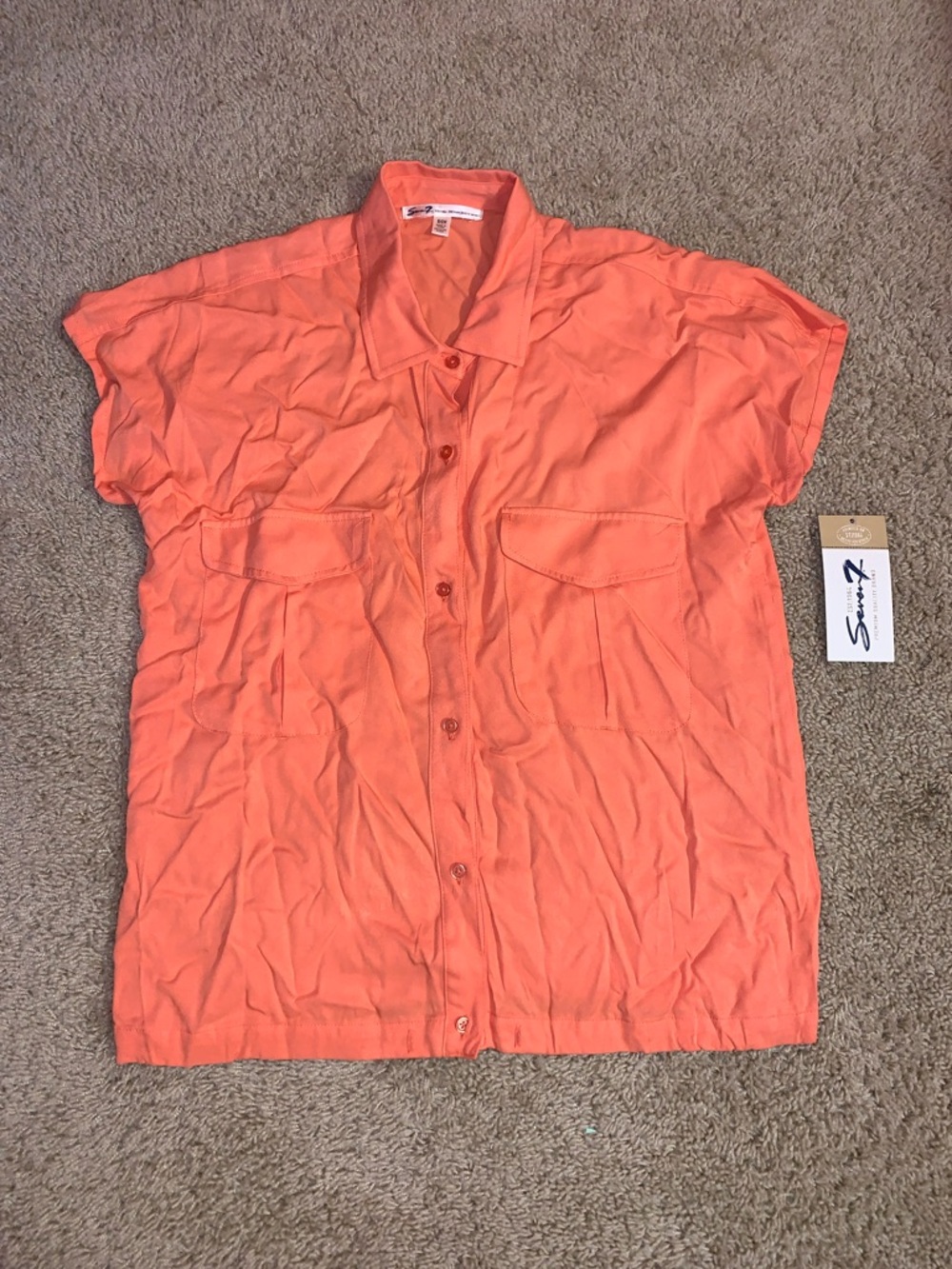 NWT Seven7 Women Coral Orange Short Cap Sleeve Button Down Pocket Viscose Shirt